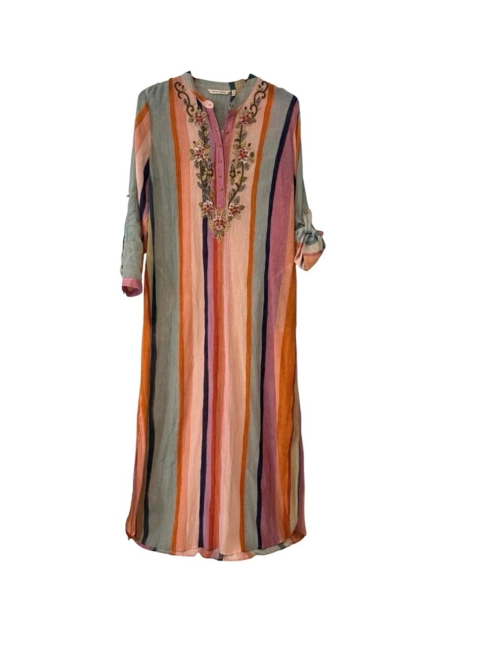 Soft Surroundings Aruba Caftan Striped Embroidered Maxi Dress Gauzy Resort Vacay - Picture 2 of 15